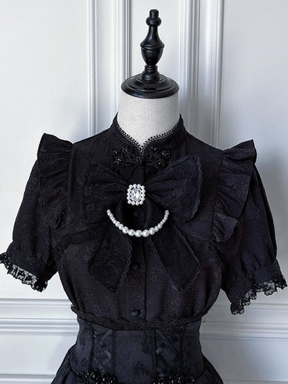 Black Cheongsam Collar Short Sleeve Blouse with Lace Details and Rhinestone Bow Tie Set - Angel Share