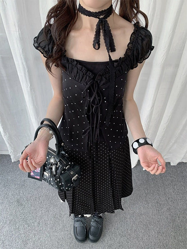Black Square Neck Puff Sleeve Top with Tie Details - Solkatt