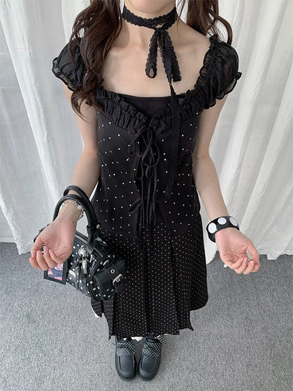 Black Square Neck Puff Sleeve Top with Tie Details - Solkatt