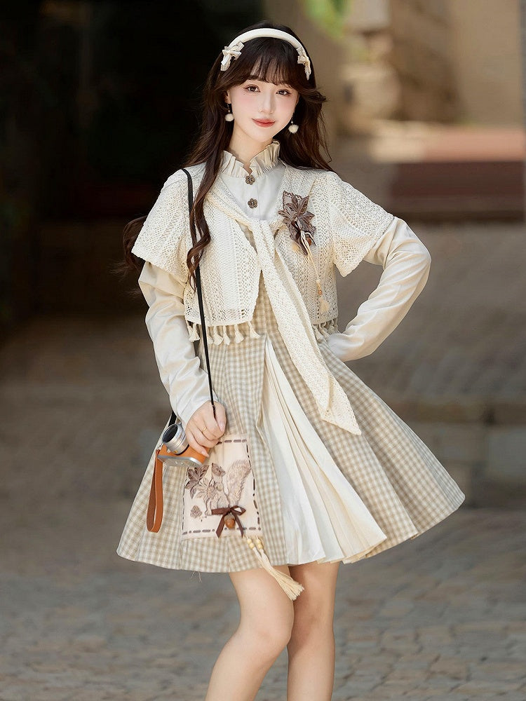 Autumn Squirrel Embroidered Short Sleeve Top and Plaid Skirt Set with Floral Button Tassel - Xiong Dou Jiang