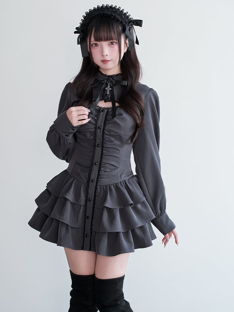 Jirai Gray Cut-Out Multi-Layer Dress Ruffled Cross Kei Set + Shorts Bow Matching Decor