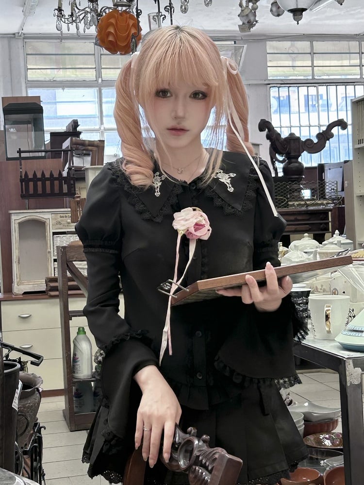 Sleeves with Embroidered Cross Black Rose Gothic Blouse Bell and