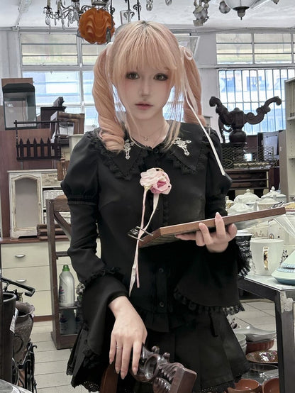 Sleeves with Embroidered Cross Black Rose Gothic Blouse Bell and