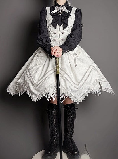 Lace Blouse Neckline Black with Tie Long-sleeved and Bow Ruffled Lolita Details