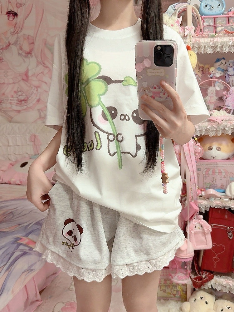 White - Crew Four-leaf with Neck Panda Cotton T-shirt Clover Print