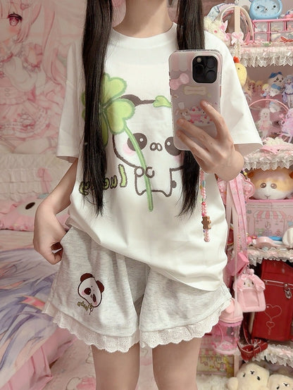 White - Crew Four-leaf with Neck Panda Cotton T-shirt Clover Print