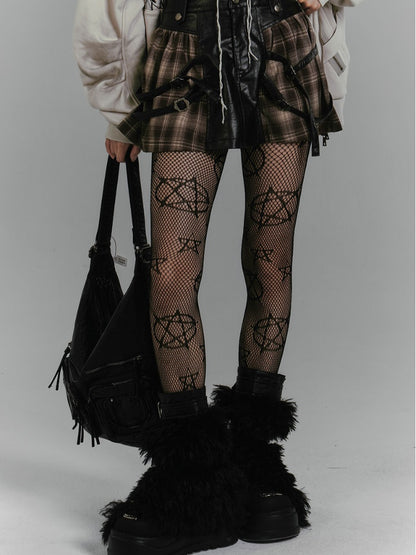 Buckle Brown Plaid Patchwork Design Fashion PU Skirt Punk Millard Straps Vintage