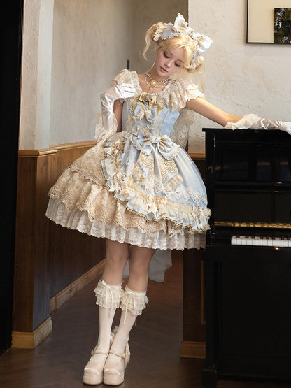 Princess Accents Bow Lolita Bead Blue Rhinestone Dress and