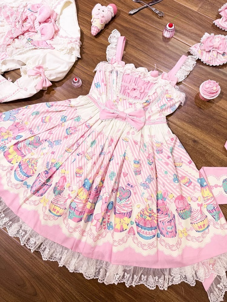 Flutter and Lace Prints Sweet JSK Pink Dress White Trim Sleeves with Lolita Cupcake