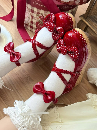 Lolita Leather Red Polka-dot PU Wedge Pattern Mary Janes Polished - Sweet