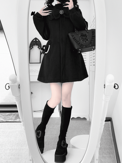 Jirai Kei Black Wool Blend Coat with Lace Sailor Collar and Beaded Chain Accented Pockets