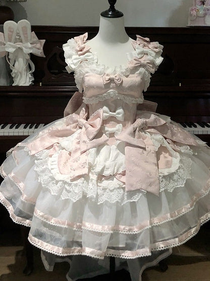 Pink Rabbit Ear Lolita JSK Dress KC Train Bowknot Velvet Set - Sweet Dream