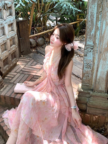 Pink Oil Painting Print Ruffle Trim Summer Holiday Dress - Qchiwawameme