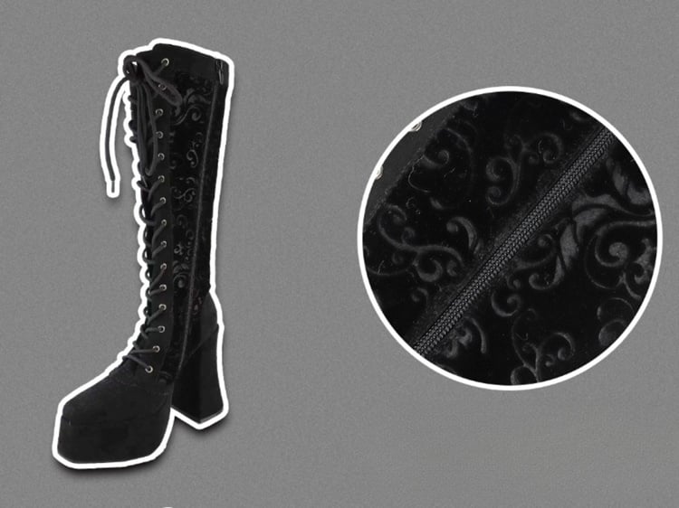 ゴシックブラックフロントレースアップタイベルベットプラットフォームハイブロックヒールニーハイブーツ