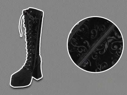 ゴシックブラックフロントレースアップタイベルベットプラットフォームハイブロックヒールニーハイブーツ