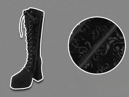Blockhohe schwarze Samtstiefel mit Schnürung und Gothic-Absatz vorne, kniehohe Schnürsenkel