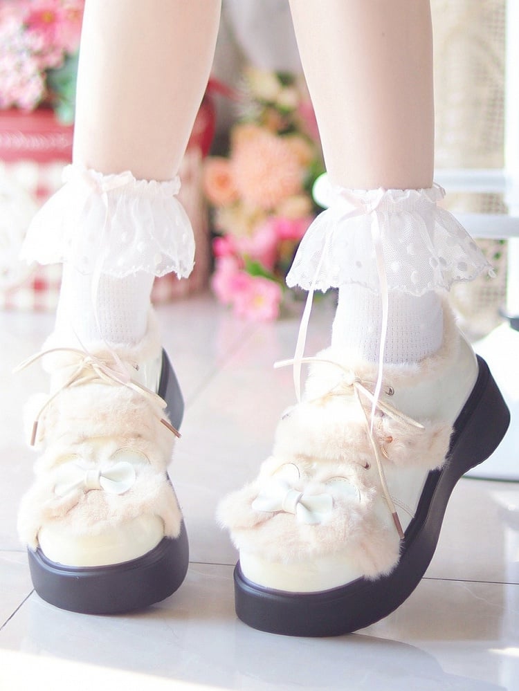Bow Bear White at Leather Themed PU - Lolita Top Sweet with Platforms