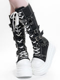 Y2K Canvas Punk Buckle - Black Platform Knee-Highs