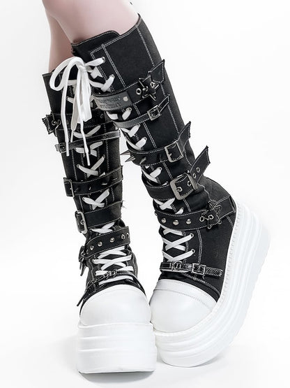 Y2K Canvas Punk Buckle - Black Platform Knee-Highs