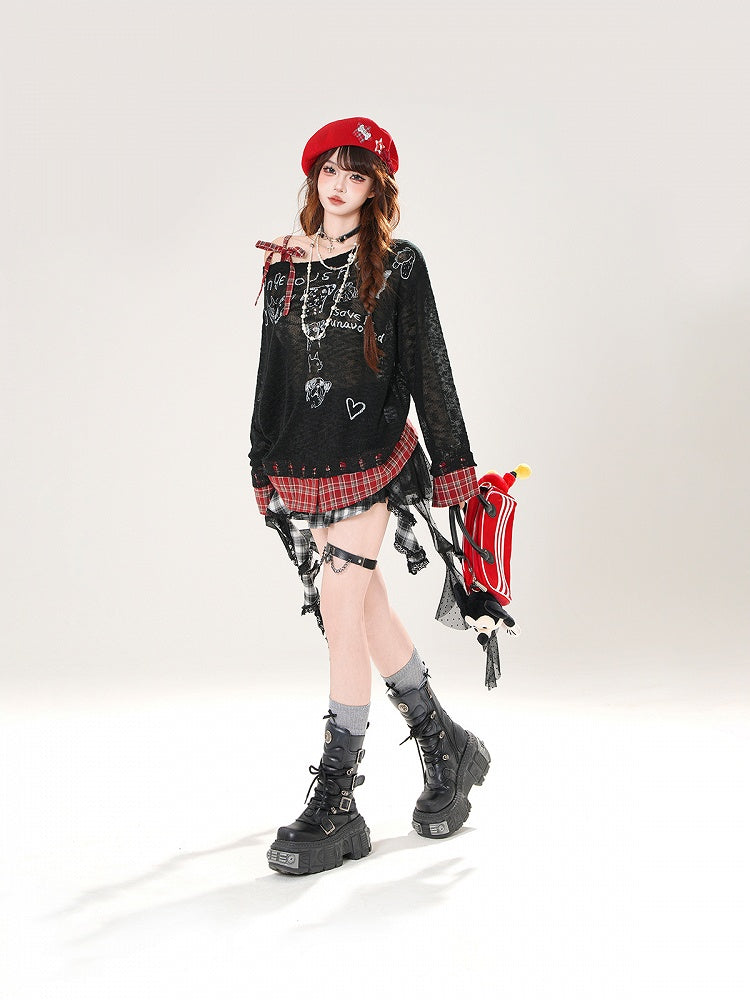 Asymmetrical Neckline Puppy Print Beige/Black Plaid Hem