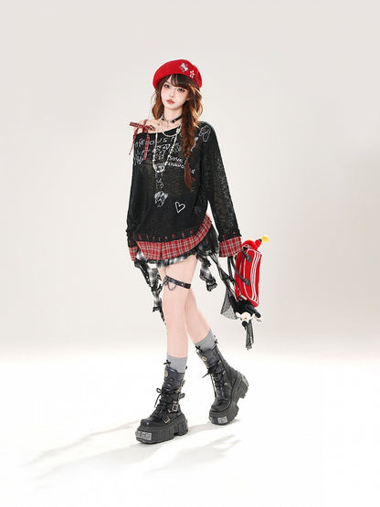 Asymmetrical Neckline Puppy Print Beige/Black Plaid Hem