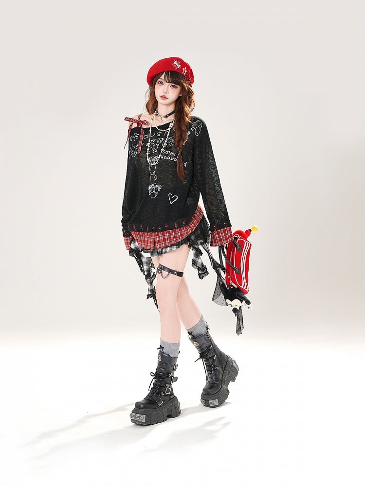 Asymmetrical Neckline Puppy Print Beige/Black Hem Plaid