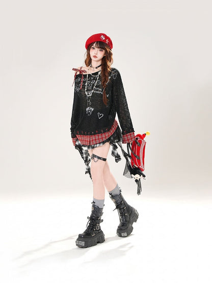 Asymmetrical Neckline Puppy Print Beige/Black Hem Plaid