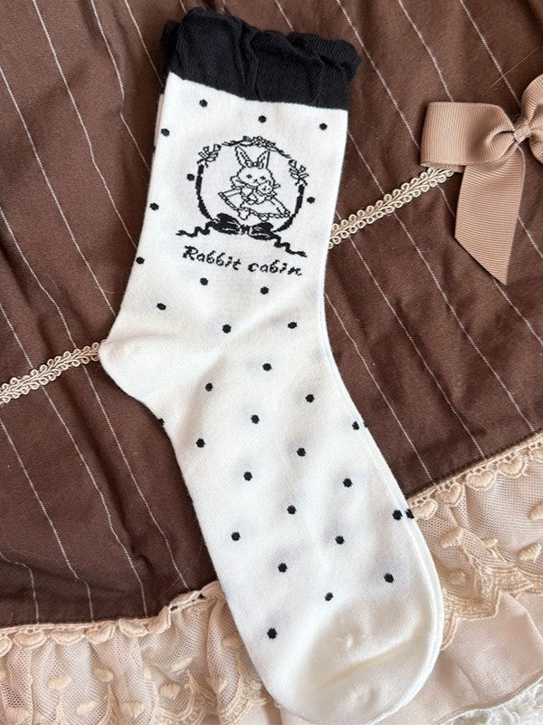 Polka-dot Mint Green/Pink/Black/Brown Print Stock Pattern Ruffled Bunny Calf Lolita