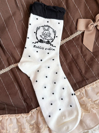 Polka-dot Mint Green/Pink/Black/Brown Print Stock Pattern Ruffled Bunny Calf Lolita