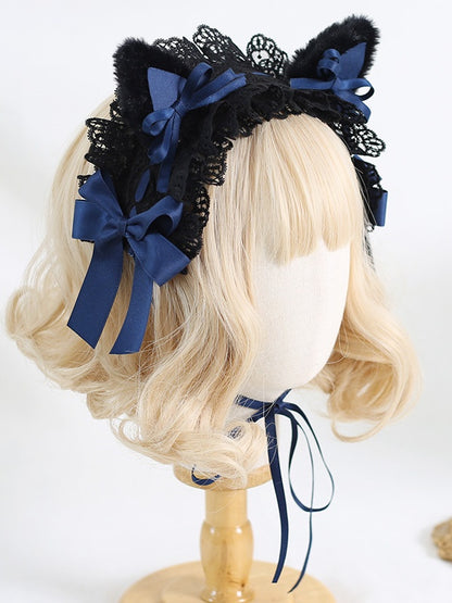 Sweet 5 Detachable Lace Kitty Hairband Lolita with Ears Colors Plush Bowknot