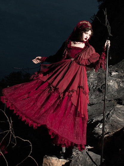 Red Gothic Lolita Ruffle Trim Hooded Top