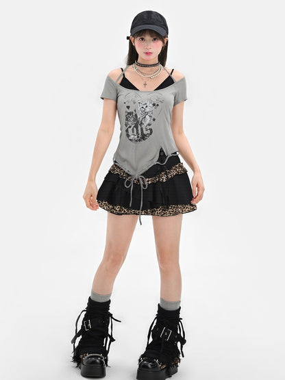 Two-pieces Hem Y2K Grey Cutout Shoulder Cat Print Drawstring T-Shirt Faux