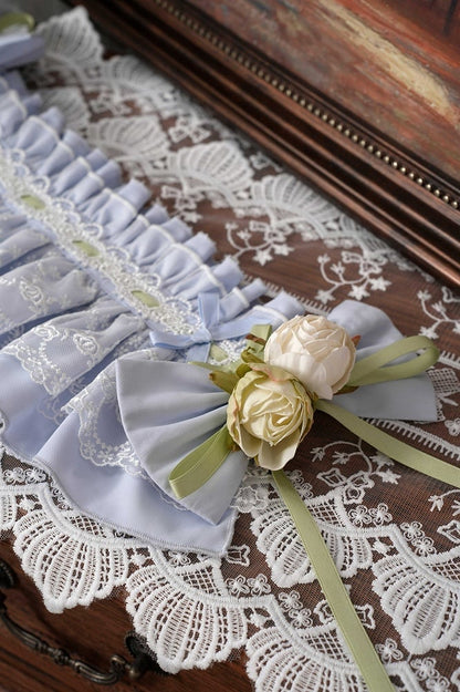 Teal & Green Frilled Headband with Flower Bow Hairpin - Moonlight Dream