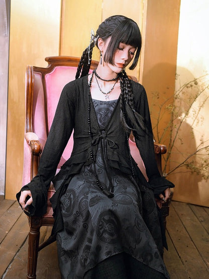 Gothic Black Asymmetric Hem Cami Dress with Dark Chinese Print - Quirky Hut
