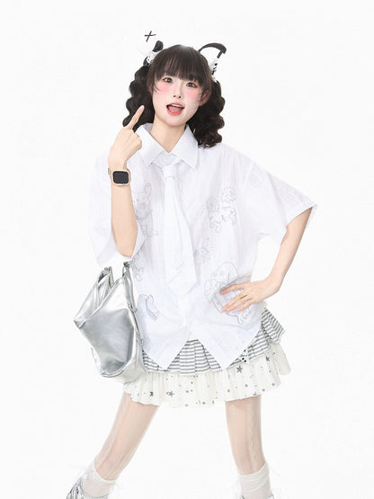 White Puppy Embroidery Short Sleeve Shirt with Tie - Languid Park