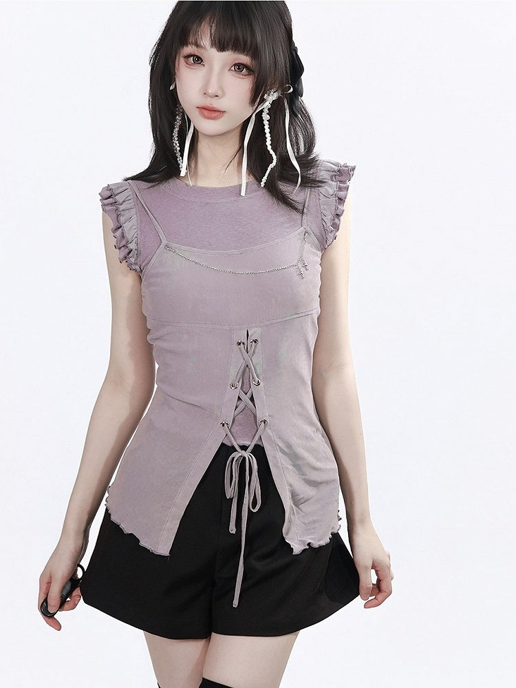 Dusty Purple Two-Piece Set: Flutter Sleeve Top and Split Cami - PINK SAVIOR