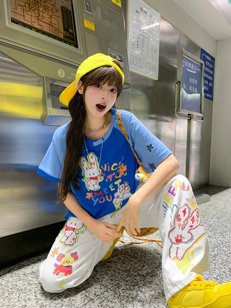 ホワイト ローカット カートゥーンバニープリント ウエスト ワイドレッグ ジーンズ