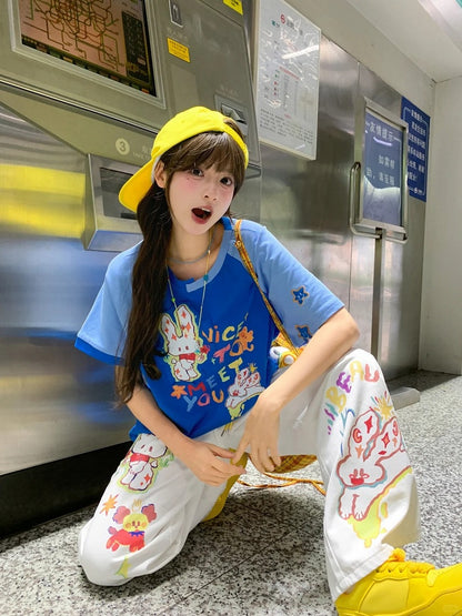 ホワイト ローカット カートゥーンバニープリント ウエスト ワイドレッグ ジーンズ