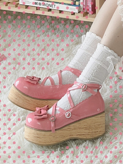 Crisscross Pink Accents Design Toe Round Platforms Rose Bow Sweet Polished Lolita -
