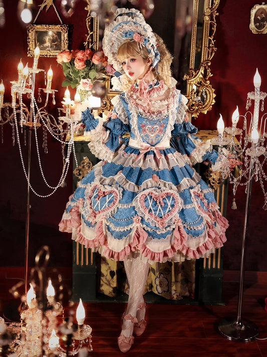 Blue Hanayome Rosette Embroidery Floral Bead Chain Lolita OP - Bramble Rose