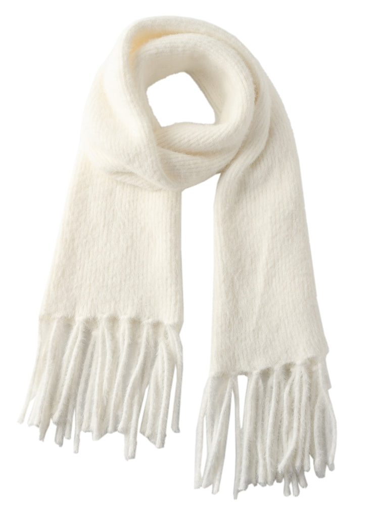 White Fringe Hem Knit Scarf