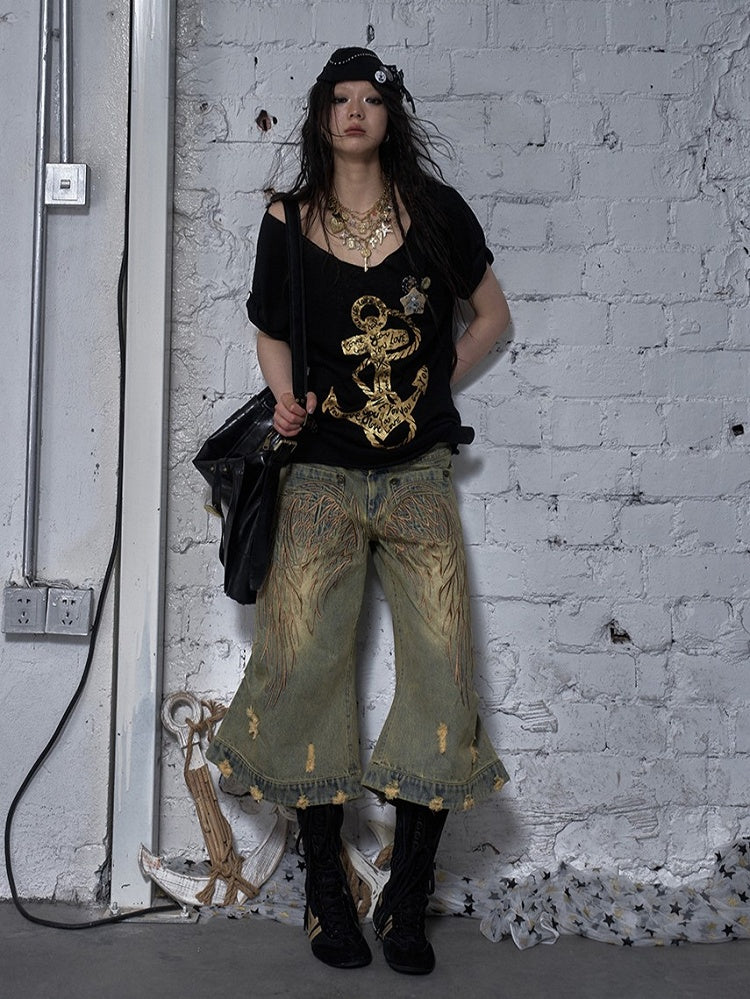 Vintage Wide-leg Jeans Punk Wing Embroidery with Distressed Holes Yellow Angel