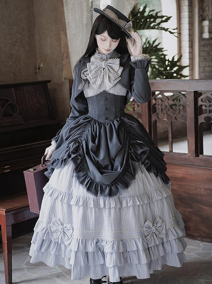 Lolita Blouse Badge Bolero Striped Classic + Gray Skirt Set Boned Hat Elegant Top Full