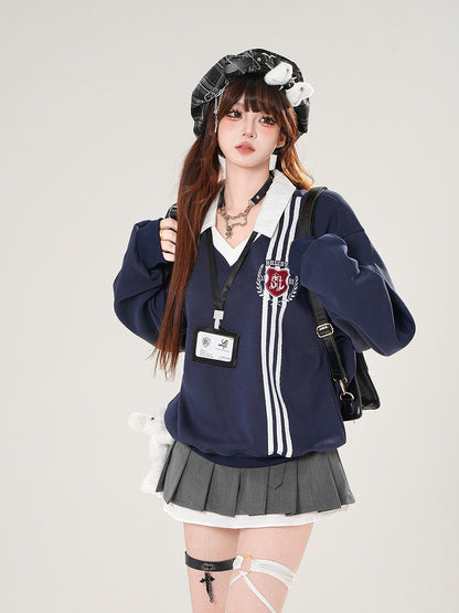 Gray/Navy Classic Polo Collegiate with Crest Sweatshirt Embroidered Blue