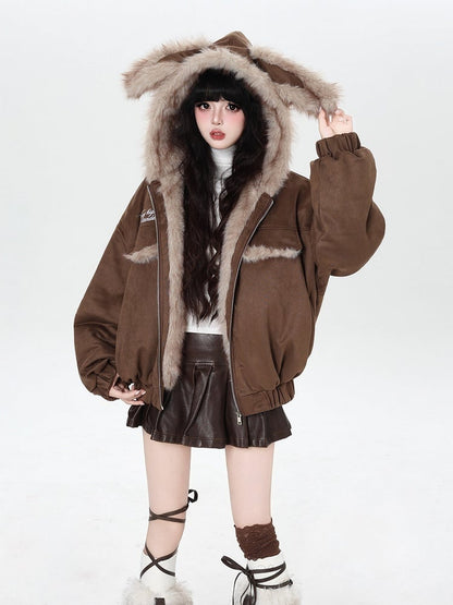 Padded Elastic Hem Hooded Ear with Brown Jacket Rabbit Cuffs
