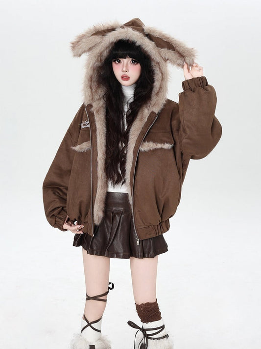 Padded Elastic Hem Hooded Ear with Brown Jacket Rabbit Cuffs