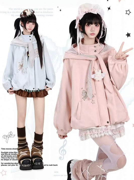 Pink Faux-Suede Kawaii Jacket with Detachable Plaid Hood Bow Embroidery - CRAZY GIRL