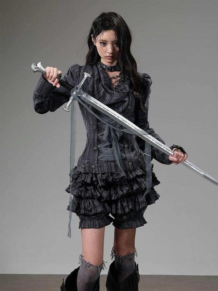 Dark Gray Striped Leg-of-Mutton Sleeves Cowl Neck Top with Lace-Up Details - Blazed Field