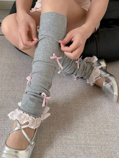 ダークグレーのブロケット リボン結び フリル袖口 レッグウォーマー