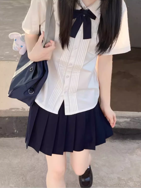 Preppy Style Short Shirt Sleeves Version Details Pleating White